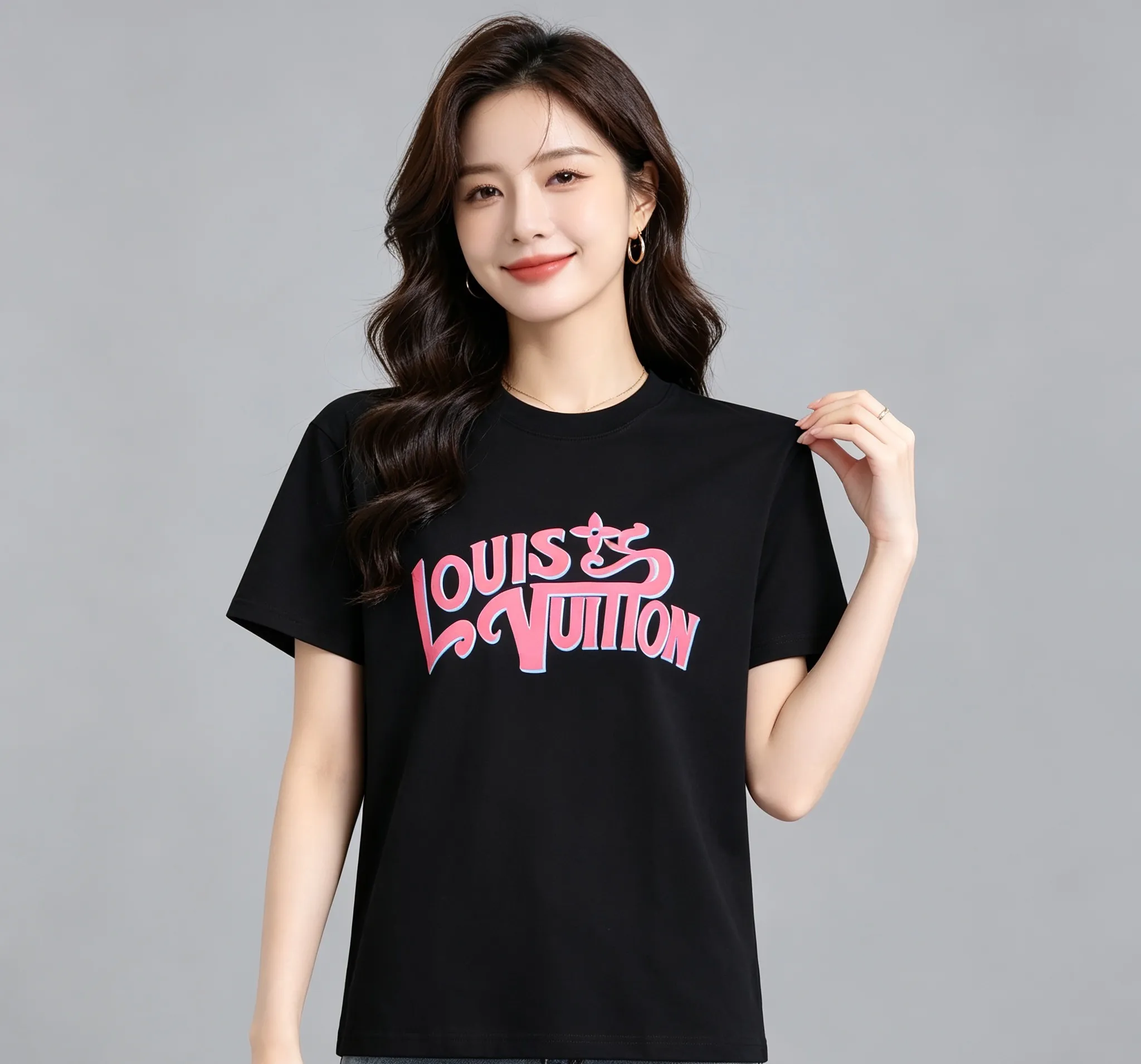 Louis Vuitton/Louis Vuitton pink graffiti 3D letter short sleeves